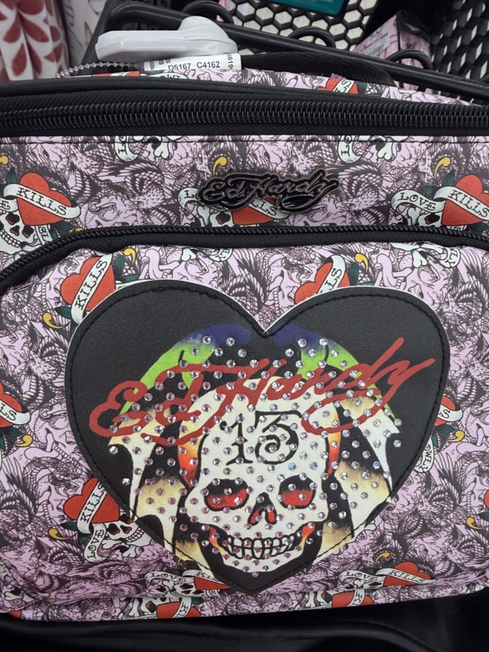 Ed Hardy Pink Skull Heart Insulated Lunch Tote Bag with Red and Black Accents